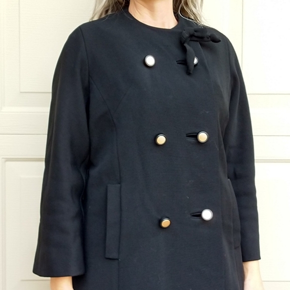 BLACK WOOL WEAVE COAT vintage 1960's 60's S M - Picture 3 of 10